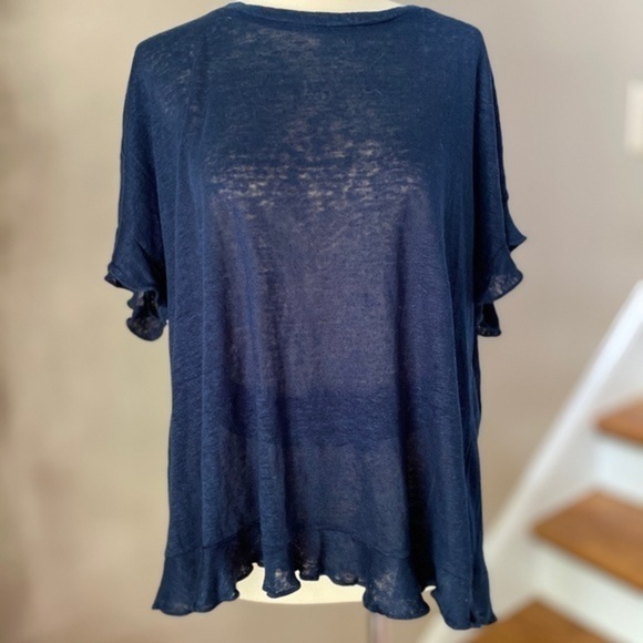 Anthropologie eri + Ali blue ruffle linen top M - Picture 2 of 5